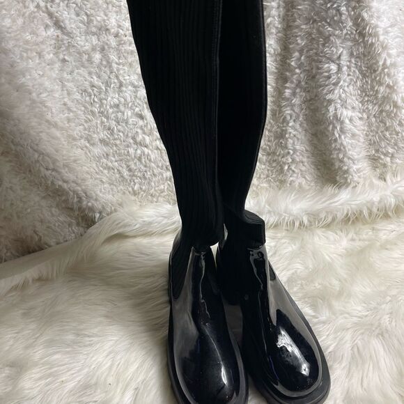 EGO Synthetic Black patent and knitted thigh high chunky platform boots SZ10.5 - Picture 3 of 10